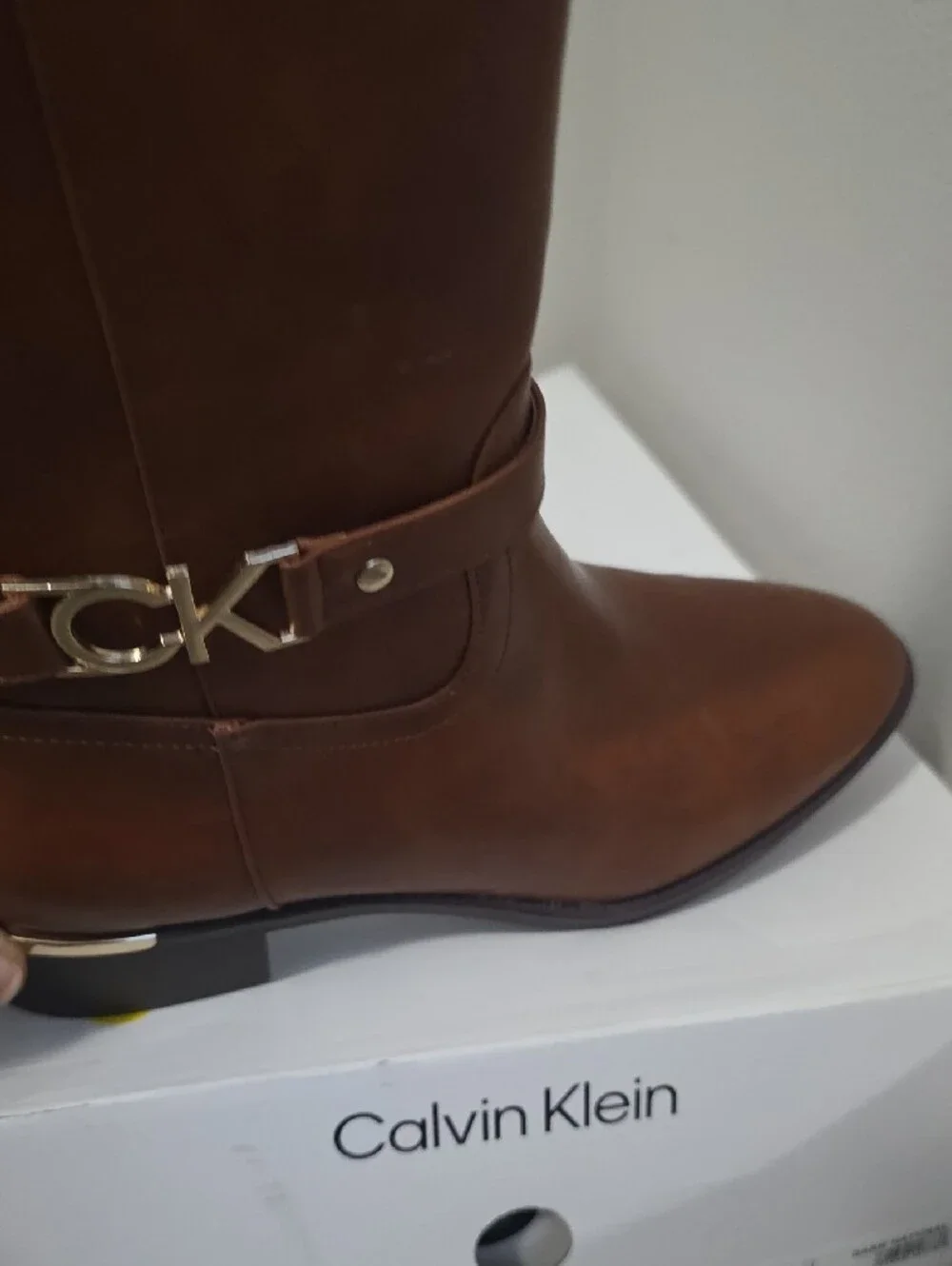 Calvin Klein Cognac -Knee -Leather Boots with Gold CK Accent